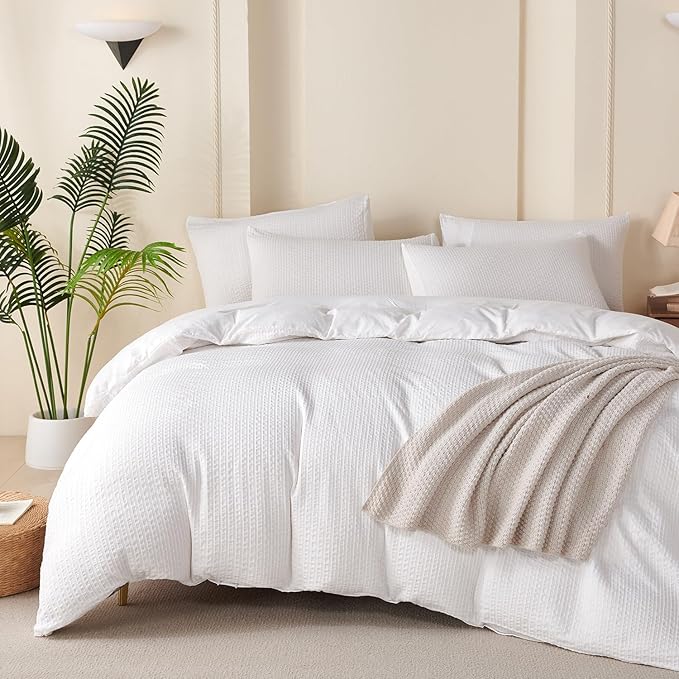 Queen Duvet Cover Striped White - Soft Luxury Washed Jacquard Microfiber 3 Pieces Bedding Set for All-Season with Zipper Closure & Corner Ties, Lightweight Comfort Breathable (No Comforter)