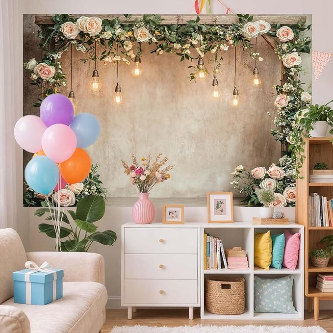 20x10ft Country Wedding Photography Backdrop Floral Rustic Roses Farmhouse Wooden Door Backdrop Pink Flower Birthday Baby Shower Wedding Bridal Party Banner Photo Booth Props Anniversary Background