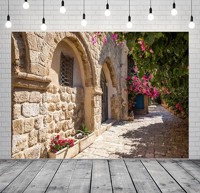 12x8ft Fabric Old Stone Street Backdrop Jerusalem Ancient Narrow Street with Blooming Flowers Israel Background Ancient Stone Wall Backdrop Photoshoot Studio Props