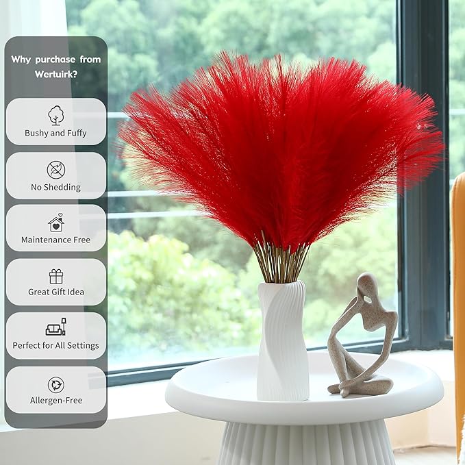 Red Pampas Grass Decor - 30pcs 24 Inch Short Artificial Pampas Grass Decor, Fake Pompas Floral for Vase Filler, Wedding Flower Arrangement, Party and Home Decor (Red)