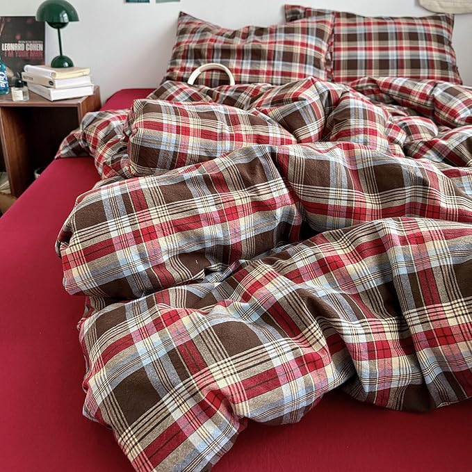 LifeTB Red Brown Plaid Comforter Set Queen, 3 Pieces Vintage Checkered Grid Bed Comforter with 2 Pillowcases, Breathable Soft Comfy Farmhouse Plaid Pattern Printed Gingham Bedding Comforter Set