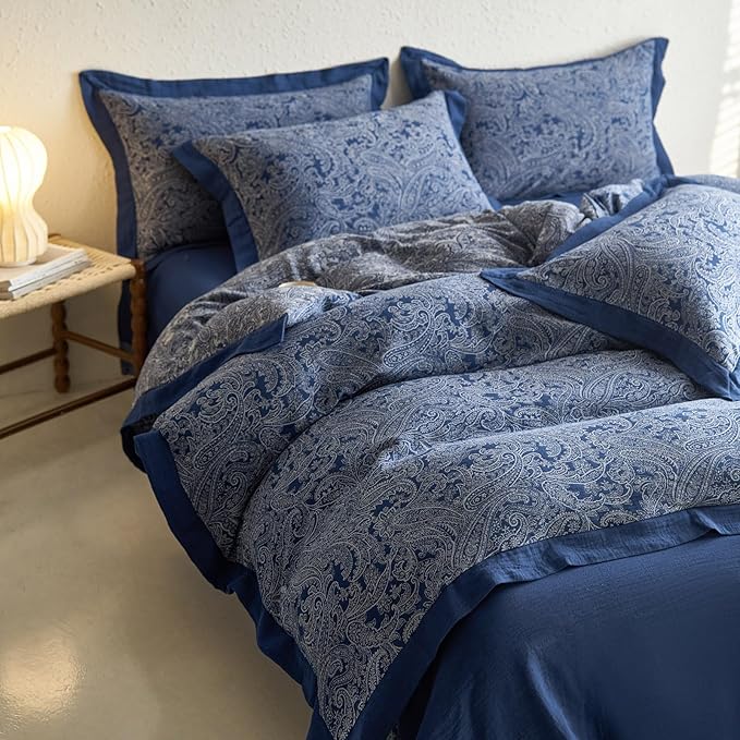 Navy Blue Duvet Cover Twin XL Vintage Boho Paisley Duvet Cover Exquisite Jacquard Bedding Set Cotton Linen Yarn-Dyed Textured Duvet Cover Cozy Breathable Floral Boho Bedding Comforter Cover Twin XL