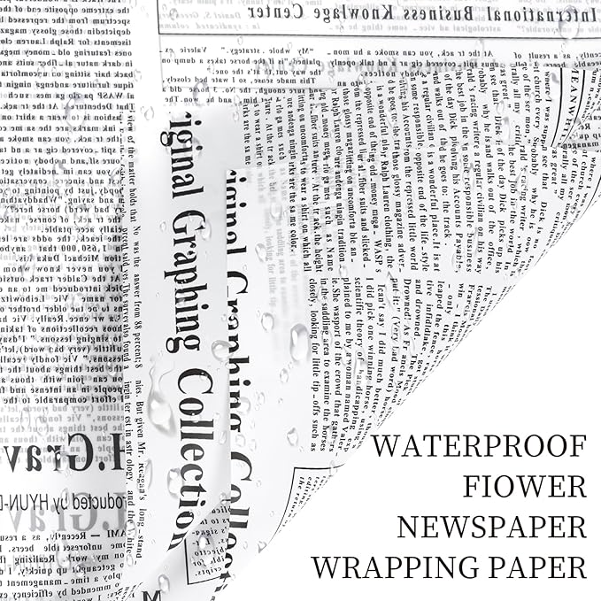 LeZakaa 20 Sheets Newsprint Flower Wrapping Paper, Waterproof Floral Bouquet Paper, White Newsprint Design for Valentine's Day, Mother's Day, Birthday Party, Bridal Shower, Wedding, Baby Shower