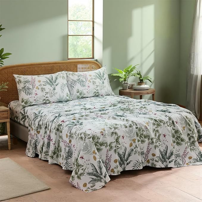 100% Cotton Sheet Set King Size – 4-Piece Vintage Sage Green Floral Bedding Set, Soft Breathable Percale Weave, Deep Pocket Fitted Sheet 17.5", Crisp Cool Feel, Refined Botanical Elegance