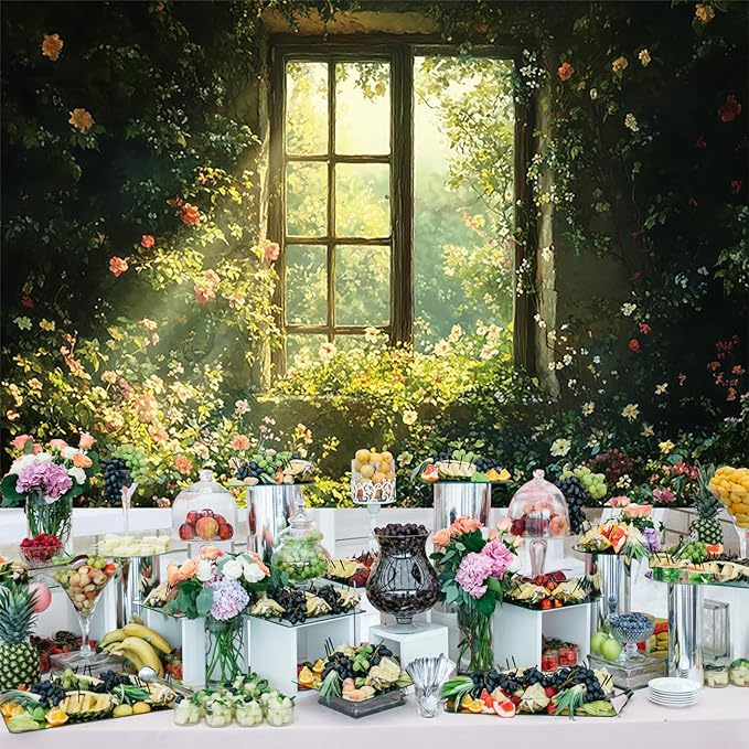 Baocicco 7x5ft Spring Window Photography Backdrops Sunshine Oil Painting Flowers Background Cloth for Marriage Valentines Mothers Day Engagement Party Decoration Photo Props Background Supplies