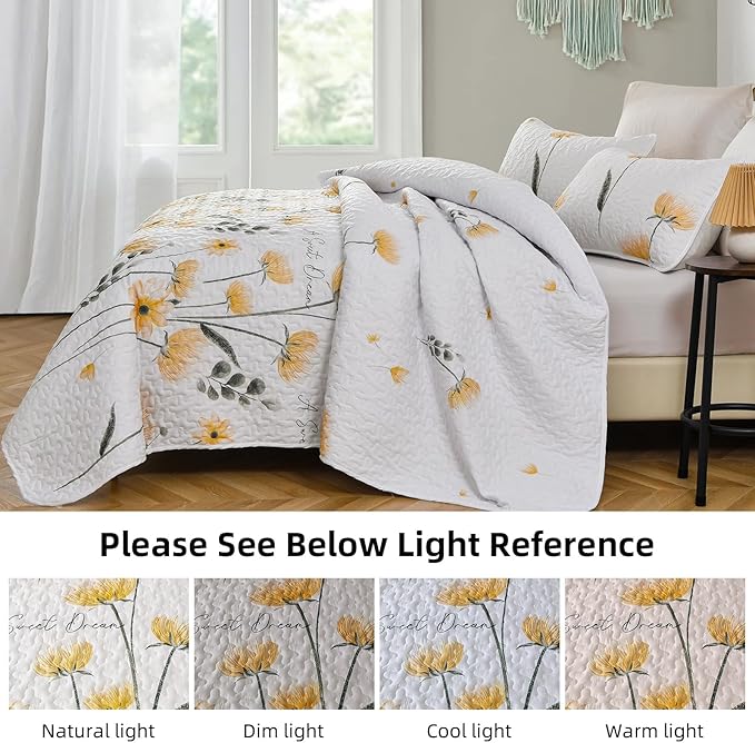 Dinjoy Floral Quilt Set California King Size,Yellow Flower Bedspread Farmhouse Fall Bedding Soft Lightweight Summer Quilts 3 Piece White Oversized Bedspreads Bed Sets (Cal King,110"x96")