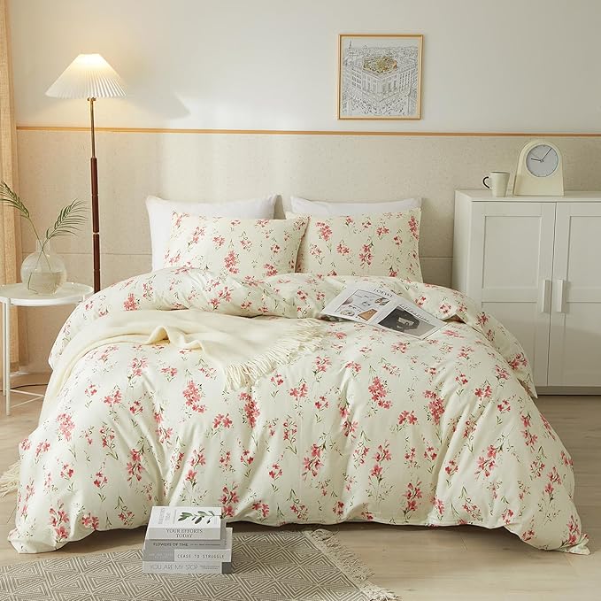 VM VOUGEMARKET Cream Comforter Set Queen Garden Flower Comforter with 2 Pillow Shams Girls Botanical Bedding Set Pink Floral Comforter Set 90x90 Inch