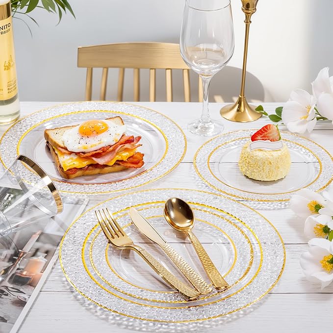 Nervure 150Pcs Clear Plastic Plates with Gold Hammered Silverware include 25Dinner Plate, 25Dessert Plate, 25Knives, 25Forks, 25Spoons and 25Cups for Wedding & Parties & Thanksgiving