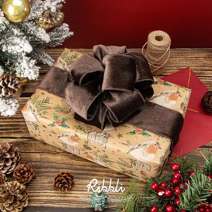 Ribbli Dark Brown Velvet Wired Ribbon 2.5 Inch Velvet with Satin Christmas Ribbon for Gift Wrapping Christmas Tree Decoration Crafts Wreaths Supplies-Continuous 10 Yards