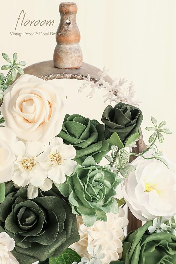 Floroom Olive Green Artificial Flowers Forest Green Fake Roses Peonies Dahlia Greenery Combo Box Set for DIY Wedding Bouquets Bridal Shower Centerpieces Floral Arrangement Party Tables Home Decoration