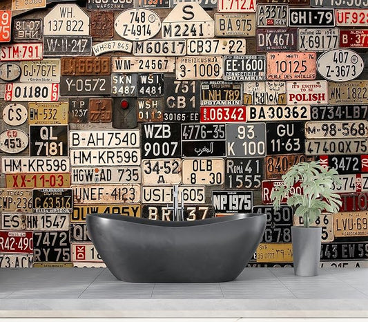 Eierme-Old License Plates from Around The World Mural Wallpaper Peel and Stick 160" x 114"