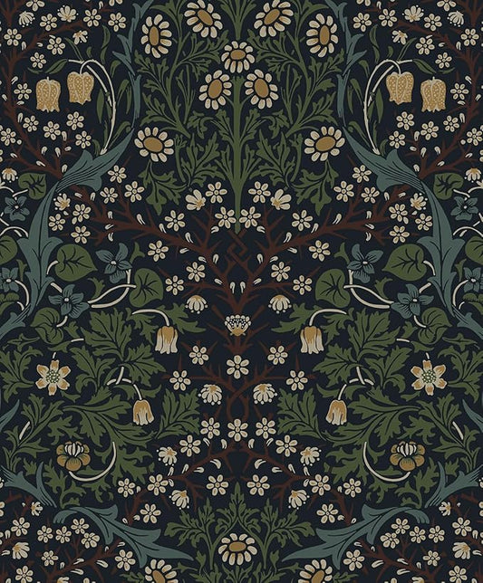 NextWall Seabrook Designs Victorian Garden Floral Vintage Prepasted Wallpaper (Midnight Blue & Evergreen)