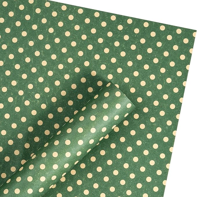 LeZakaa 20 Sheets Kraft Dots Flower Wrapping Paper, Reversible Green with White Polka Dots Floral Bouquet Paper for Christmas, Valentines, Mothers Day, Party, Birthday, Wedding, Baby Shower