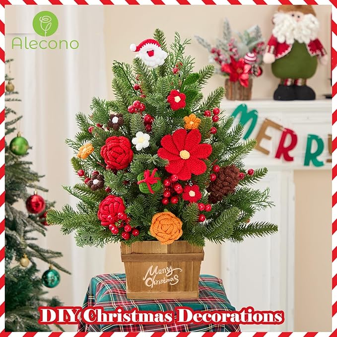 Alecono Crochet Flower Bouquet, Christmas Knitted Flowers, Red Handmade Father Christmas Santa Claus Bouquet of Flowers for Kids Festival Gifts (Include Card)