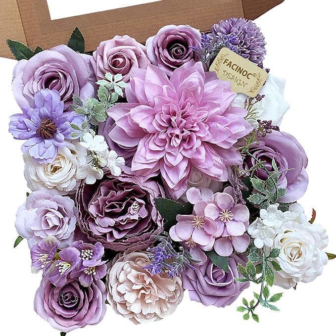 Roses Artificial Flowers Purple Fake Flower Bulk for DIY Wedding Bouquet Bridal Baby Shower Centerpiece Table Decorations Silk Faux Floral Arrangements for Party Home Decor Cake Decorating