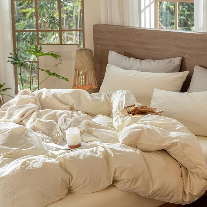 MooMee Wavy Striped Duvet Cover Set 100% Washed Cotton Linen Like Textured Breathable Durable Soft Comfy (Cream White, King 104"x90")