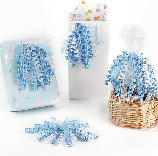 HUIHUANG Blue Bows for Gift Wrapping Blue and White Curly Bows with Self Adhesive & Twist Tie, 7 inch Gift Bow for Presents, Gift Basket, Baby Shower, Christmas Decor, Party Favors- 6 Counts