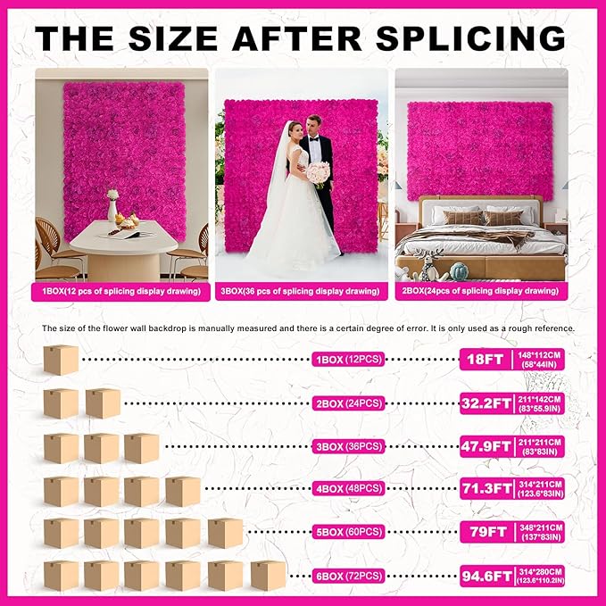 Flower Wall Backdrop 12pcs 16.5x16.5 Inch Floral Wall Panel Artificial Silk Rose Wall Decor Ideal for Wedding Celebrations, Festive Party Backdrops, and Home Decor-Bright Pink