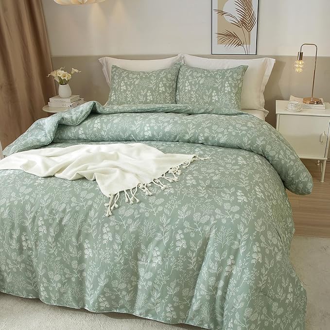 HighBuy Full Size Comforter Set for Girls Cozy Soft Sage Green Full Bedding Comforter Floral Boho Comforter Set 3 Piece Kids Girls Bedding Fluffy Comforter Lightweight with 2 Pillowcases