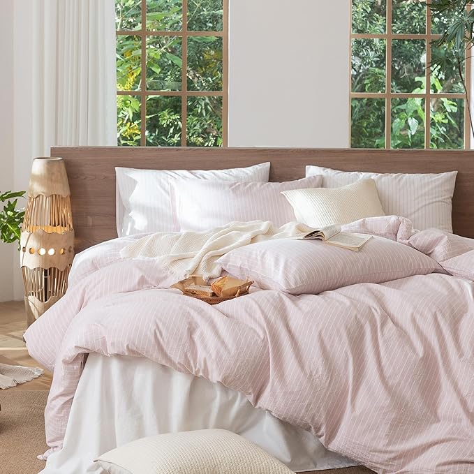 MooMee Striped Duvet Cover Set 100% Washed Cotton Linen Like Textured Breathable Durable Soft Comfy (Heathered Greyish Pink White Wide Stripes, King 104"x90")