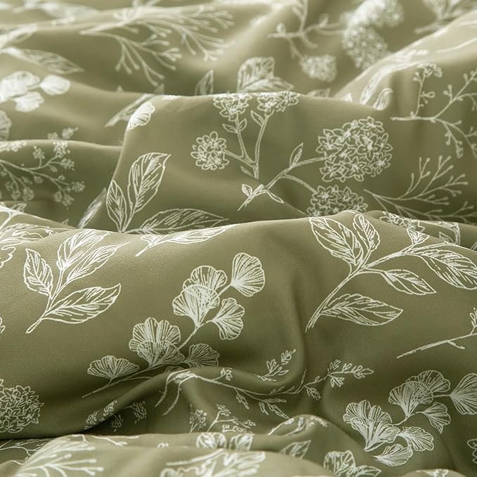EAVD Vintage Style Garden Olive Green Floral Duvet Cover Queen Soft Cotton Chic Small Floral Bedding Set with 2 Pillowcases Reversible Fresh Botanical Duvet Cover with Zipper Closure