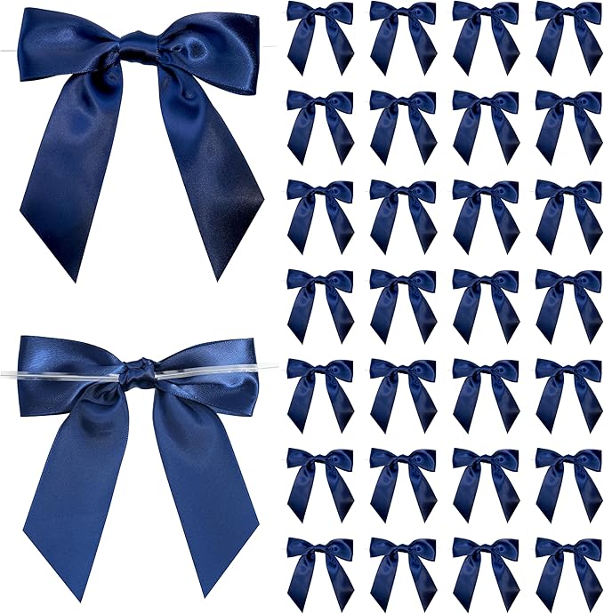 Navy Blue Satin Ribbon Twist Tie Bows 5 Inch Pre-Tied Blue Gift Bows for Crafts, Treat Bags, Party Favors, Wedding, Baby Shower, Candy Apple, Christmas Tree (36 Pack)