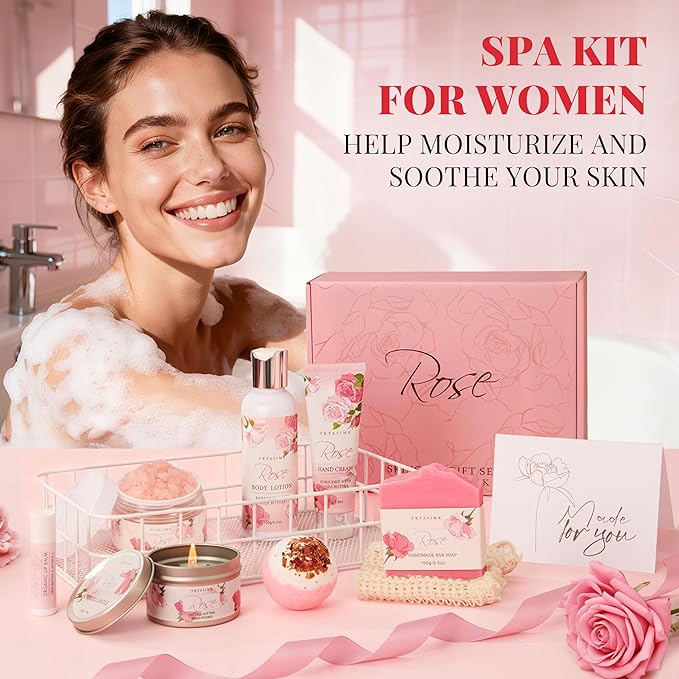 Gifts for Women, Birthday Gifts for Women, Bath and Body Gift Basket Mothers Day Gifts, Rose Home Spa Set Self Care Gift, Thank You for Mom Sister Her Teacher Friends Friendship