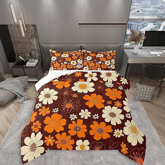 70s Groovy Flowers Bedding Set King Size,Hippie Retro Farmhouse Plant Comforter Set Room Decor for Couple,Brown White Yellow Floral Microfiber Down Comforter,2 Pillowcases
