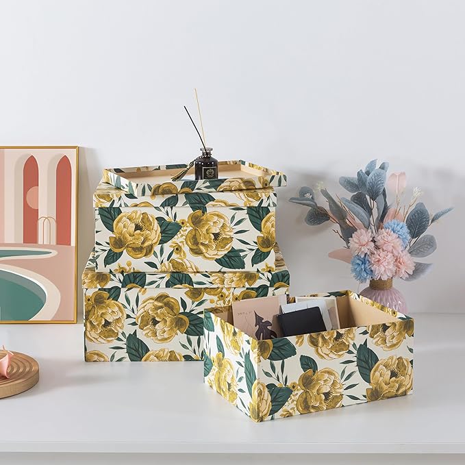 Soul & Lane Decorative Cardboard Storage Boxes with Lids for Home Decor and Organization, Set of 3 Large Keepsake Boxes for Memories & Gifts, Nesting Floral Photo Storage Containers, Golden Peony