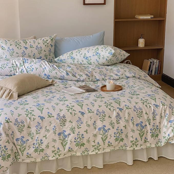 HighBuy Blue Floral Comforter Set King White Green Botanical Bedding Comforter Set Bed Soft Cottagecore Blue Flowers Bedding Set Coquette Aesthetic Farmhouse,1 King Comforter with 2 Pillowcase