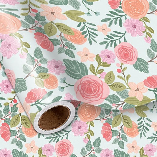 LeZakaa Floral Wrapping Paper Roll, Pink Rose, Flowers & Green Leaves Party Gift Wrap for Wedding, Bridal Shower, Anniversary, Mother's Day, Birthday, 17 inches x 16.4 Feet (23.2 sq.ft.)