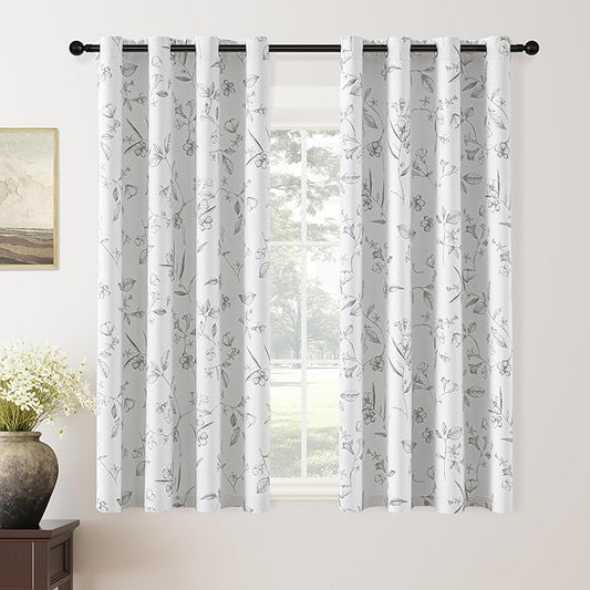 ChrisDowa 100% Blackout Floral Curtains 63 Inches Long 2 Panels for Bedroom Living Room Grey Flower Patterned Room Darkening Thermal Insulated Soundproof Grommet Window Treatments Drapes,52X63