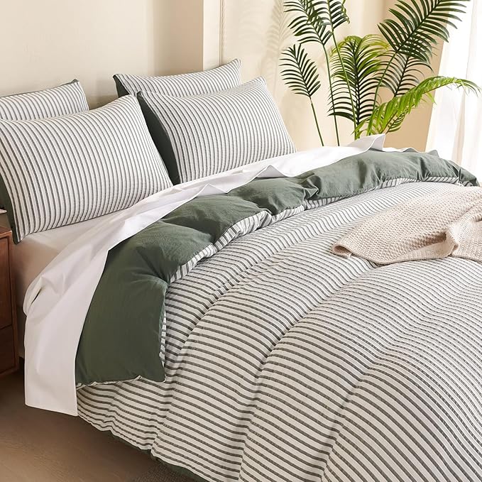 King Duvet Cover Set Striped Washed Microfiber Jacquard 3 Pieces Bedding Set, Green White Vertical Ticking Stripes Pattern Comforter Cover with Zipper Closure Breathable Durable Soft Comfy