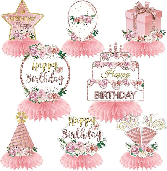 Pink Rose Gold Birthday Decorations Floral Honeycomb Centerpieces for Women Girls, 8pcs Floral Birthday Table Centerpiece Party Supplies, 16th 18th 21th 30th 40th 50th 60th Bday Table Topper