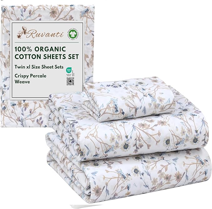 RUVANTI 100% Organic Cotton Sheets Twin XL, Percale Weave, GOTS Certified, 3-Piece Set, Deep Pocket 15", Crisp & Breathable, Soft Durable Bedding, Sábanas Algodón Orgánico – Tranquil