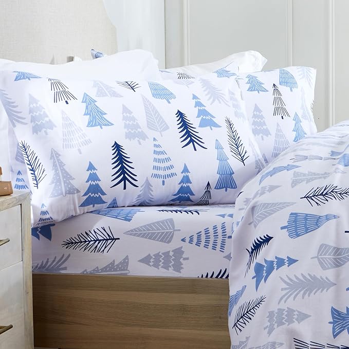 Market & Place 100% Turkish Cotton Flannel Sheet Set | 4 Piece Deep Pocket Novelty Cozy Winter Bed Sheets | Double Brushed for Extra Softness & Comfort | Alpine Collection (King, Blue Forest)