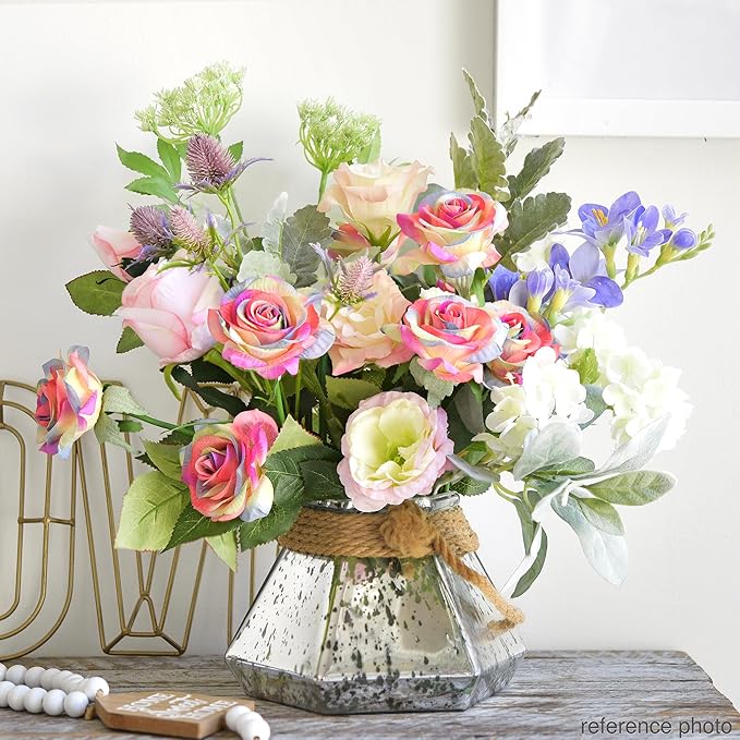 Rainbow Artificial Roses – 12 Faux Silk Stems with Real‑Touch Feel – Gift‑Ready Box + Jute Ribbon – Bendable Wire Stems for Wedding Bouquets, Home Décor, Centerpieces & DIY Arrangements