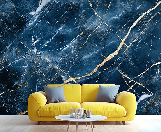 Blue Marble Wall Mural, Gold Vein Marble 3D Wall Murals, Luxury Navy Stone Wallpaper Mural, for Living Room Bedroom Large Wallpaper Indoor Decor 98.4" W x68.9 H
