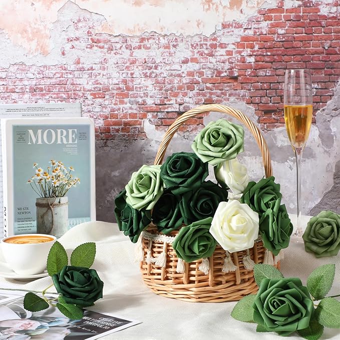 100 Pieces Artificial Foam Rose Flowers Faux Bouquet with Leaves and Stems for DIY Wedding Bouquets Centerpieces Bridal Shower Party Valentine Home Decorations(Gradient Green)