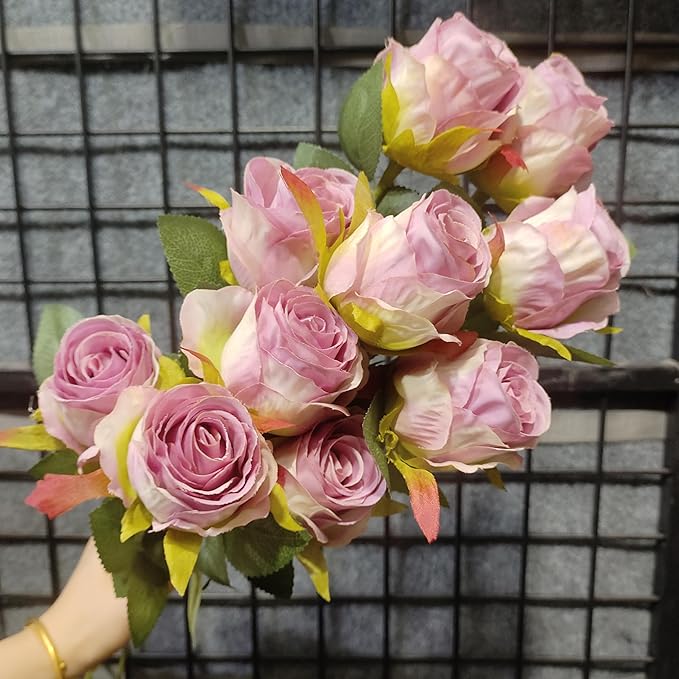 Artificial Roses 10 Pcs - Lifelike Single Stem Fake Roses with Natural Petal Texture,Fade-Resistant Silk Flowers for Wedding Decor,Home Vase Arrangements,Party Centerpieces(10, Pale Purple)