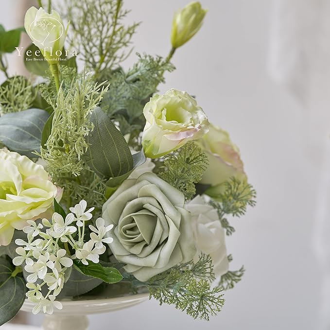 Artificial Flowers, 50pcs Realistic Rose for DIY Wedding Bouquets Centerpieces Arrangements, Sage Green Foam Flowers with Stem Bridal Shower Party Home Decorations