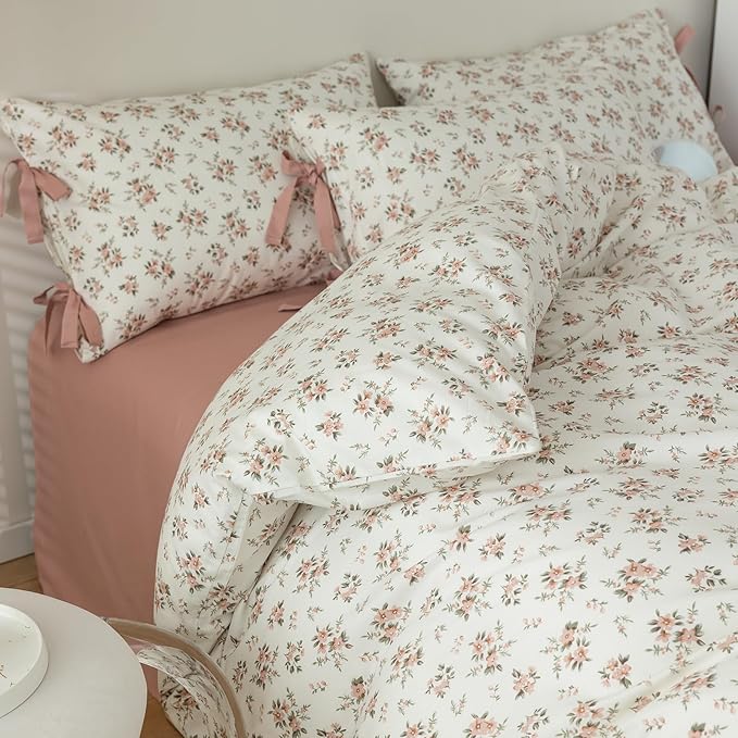 EAVD Vintage Style Garden Pink Floral Duvet Cover Twin XL White Soft Cotton Chic Shabby Pink Floral Bedding Set with 2 Pillowcases Reversible Fresh Botanical Duvet Cover with Zipper Closure