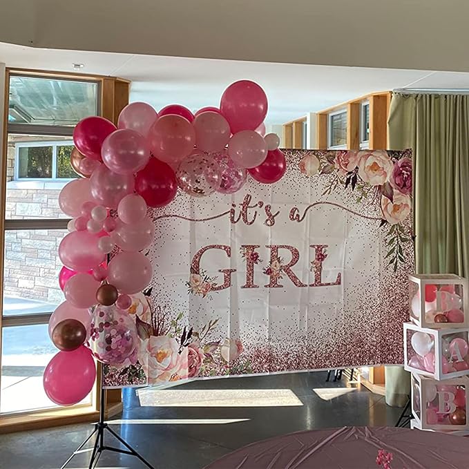 Avezano Rose Gold Baby Shower Backdrop for Girls Party Blush Pink Floral It's a Girl Photography Background Glitters Confetti Decoration Photoshoot Events Banner (7x5ft)