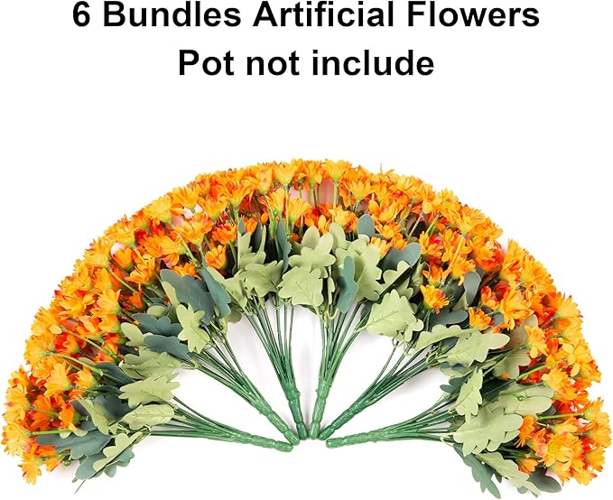 Daisy Artificial Flowers for Outdoors Winter Decoration, 6 Bundles Fake Mums Orange Silk Flowers for Outside Look Real UV Resistant Fake Plants Faux Flowers for Planter Front Door Home Indoor Urn