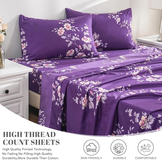 Bedlifes Full Sheet Set Ultra Soft, Breathable, Silky Flower Deep Pocket 100% Microfiber Bedding, 4 Piece Full Size Dark Purple Floral