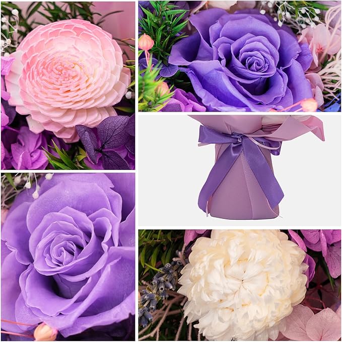 HUACHIPLUS Natural Eternal Flowers Gift: Preserved Flowers Bouquet, Anniversary, Birthday, Mom Gifts for her-Flowers for Delivery Prime-Purple Forever Flower Arrangement (Lilac)