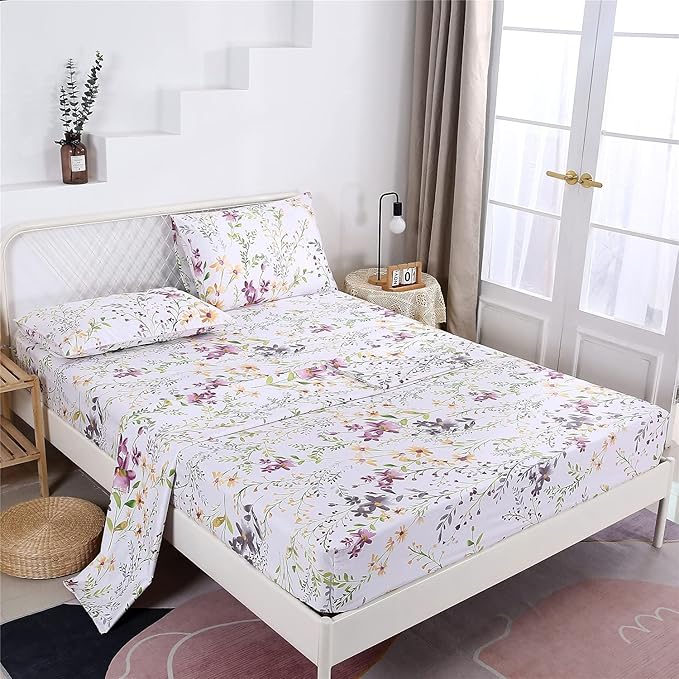 RYNGHIPY Cotton Floral Bed Sheet Set King Size Botanical Flowers Print Bedding Shabby Garden Floral Bed Sheets