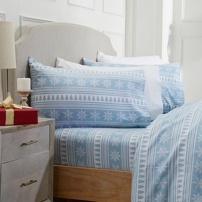 Market & Place 100% Cotton King Flannel Sheet Set | 4 Piece Deep Pocket Novelty Cozy Winter Bed Sheets | Double Brushed for Extra Softness & Comfort | Alpine Collection (King, Striped Snowflake)