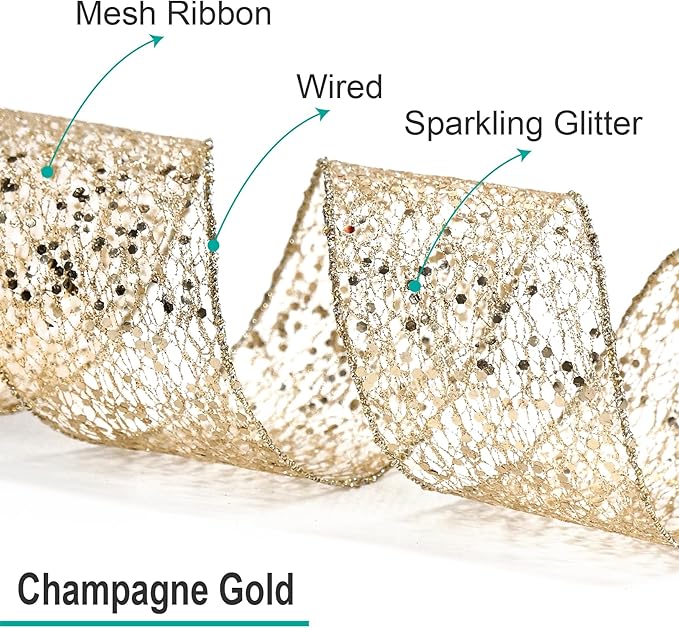 CT CRAFT LLC Sparkling Glitter Mesh Wired Ribbon 4" x 10 Yards Champagne Gold for Christmas Home Decor Bow Gift Wrapping DIY Crafts Wreath