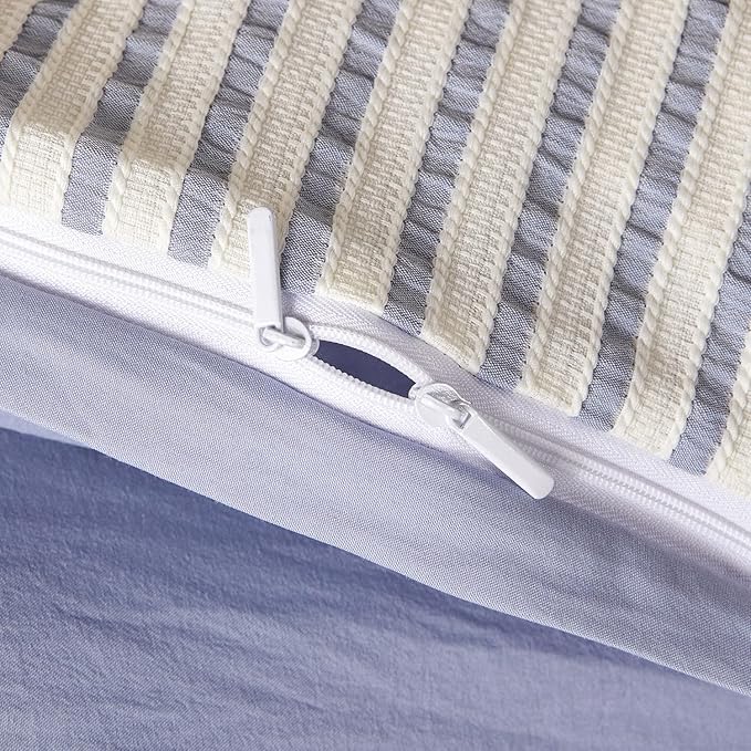 Striped Duvet Cover Queen Blue Washed Microfiber Jacquard 3 Pieces Bedding Set, White Blue Vertical Ticking Stripes Pattern Comforter Cover with Zipper Closure Breathable Durable Soft Comfy